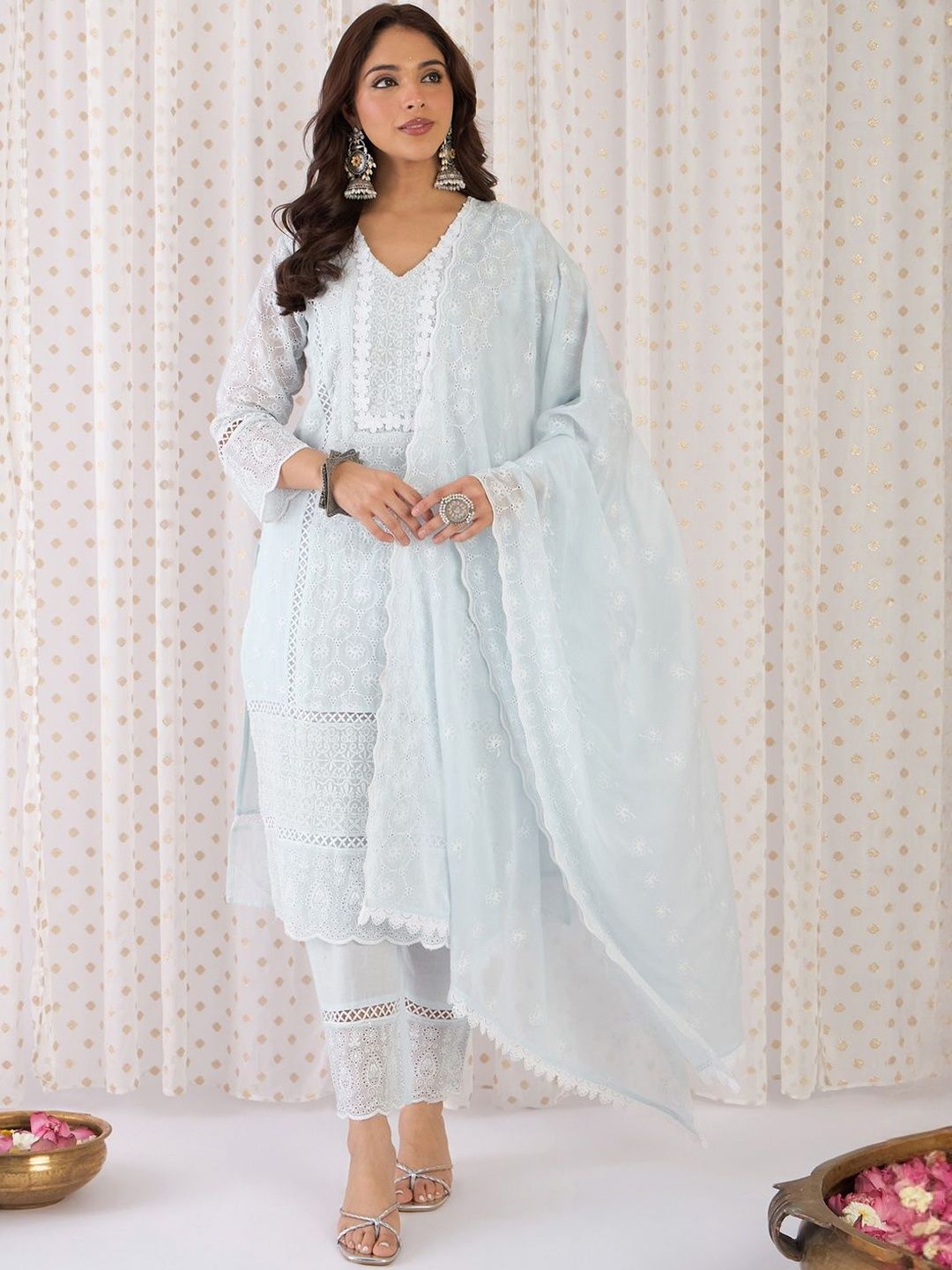 Women Ethnic Motifs Cotton Kurta with Trousers & Dupatta