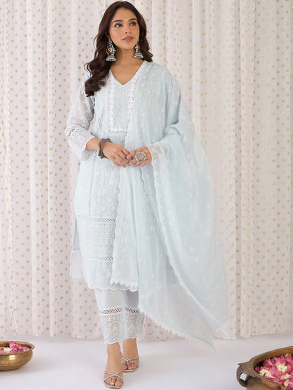 Women Ethnic Motifs Cotton Kurta with Trousers & Dupatta