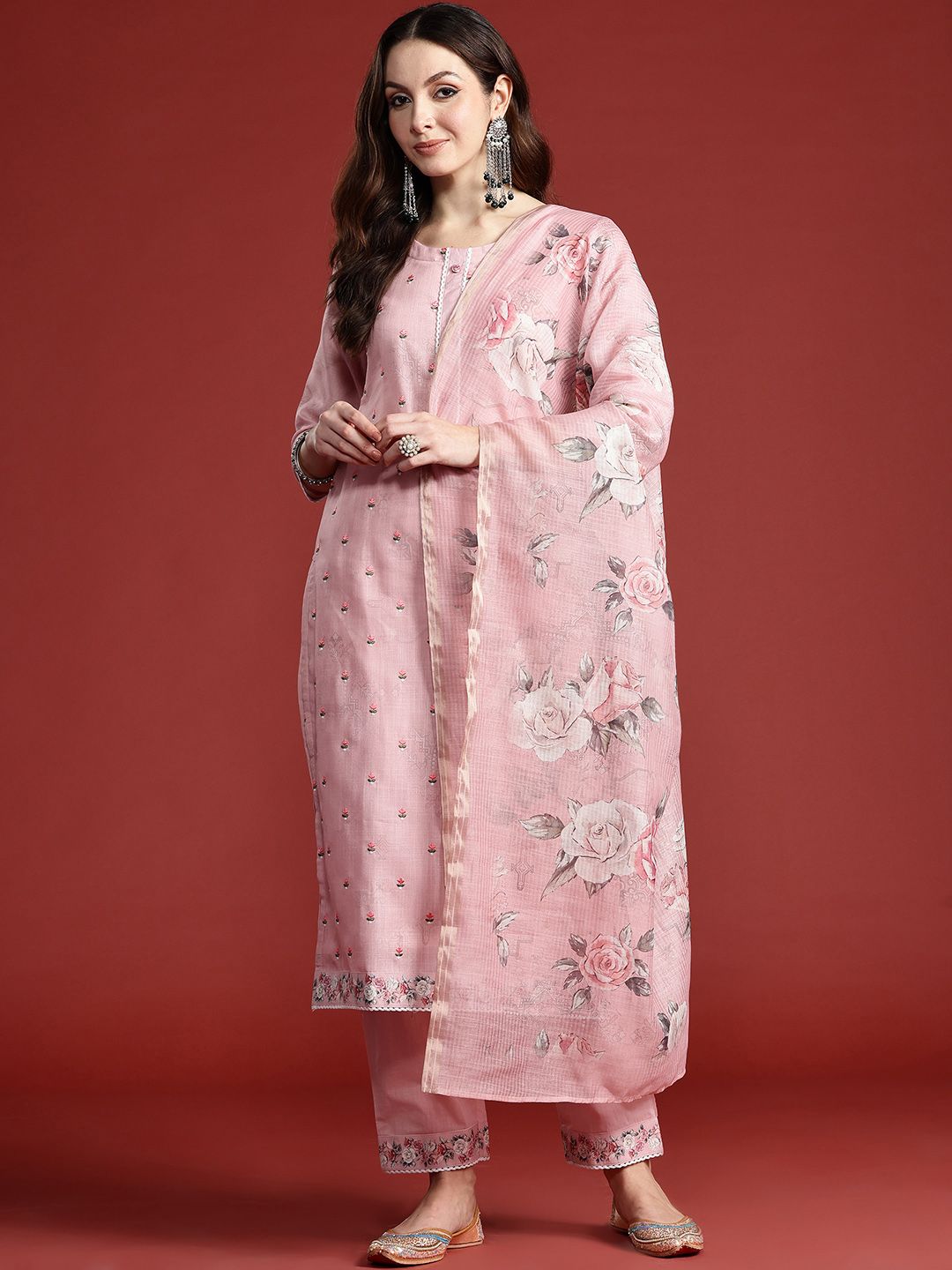 Floral Embroidered Thread Work Linen Kurta with Trousers & With Dupatta