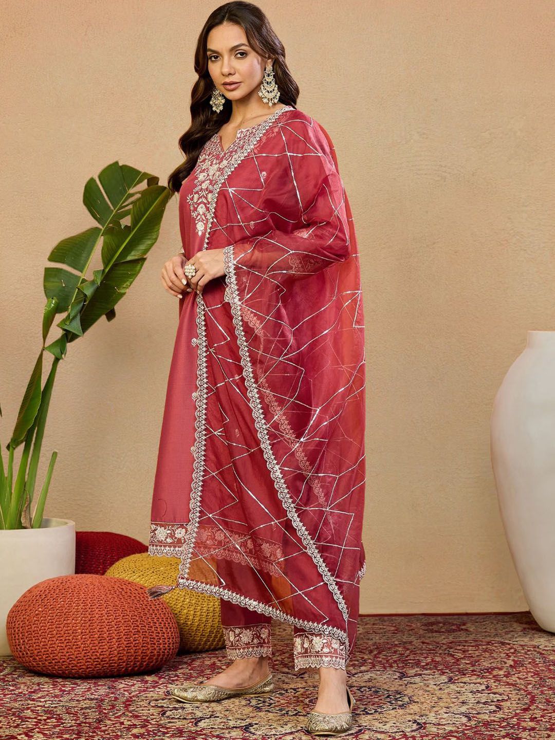 Dhiyona PD Women Women Embroidered Straight Kurta With Trousers & Dupatta