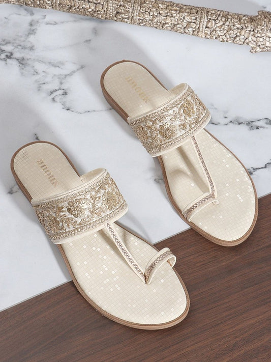 Dhiyona AK Cream-Coloured Embellished Open Toe Flats