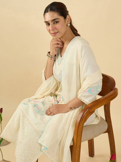 Women Ethnic Motifs Embroidered Thread Work Pure Cotton Kurta Trousers & Dupatta