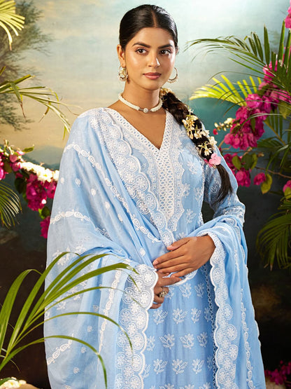 Women Ethnic Motifs Embroidered Thread Work Cotton Kurta with Trousers & Dupatta