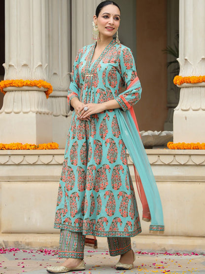 Dhiyona RR Women's Ethnic Motif Printed Pure Cotton Kurta with Trousers & Dupatta
