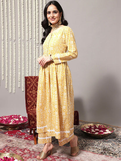 Dhiyona VA Women'sEthnic Motifs Printed A-Line Pure Cotton Kurta with Trousers