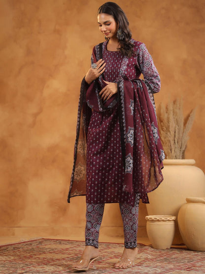 Floral Printed Pure Cotton Kurta With Trousers And Dupatta