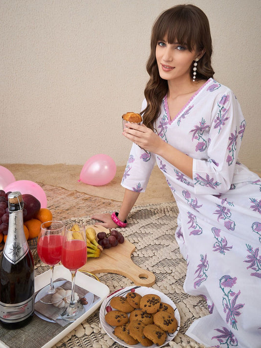Dhiyona IE Floral Printed V-Neck Pure Cotton Kurta With Trousers