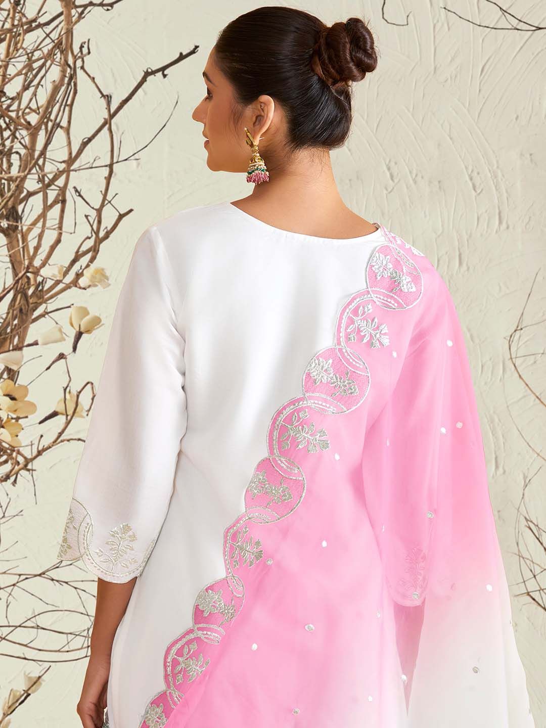 White Ethnic Motifs Embroidered Zari Detailed Kurta With Trousers & Dupatta