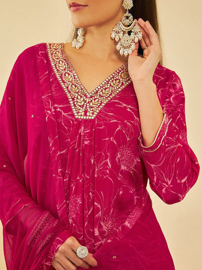 Dhiyona SO Women's Floral Embroidered Regular Gotta Patti Kurta with Trousers & Dupatta