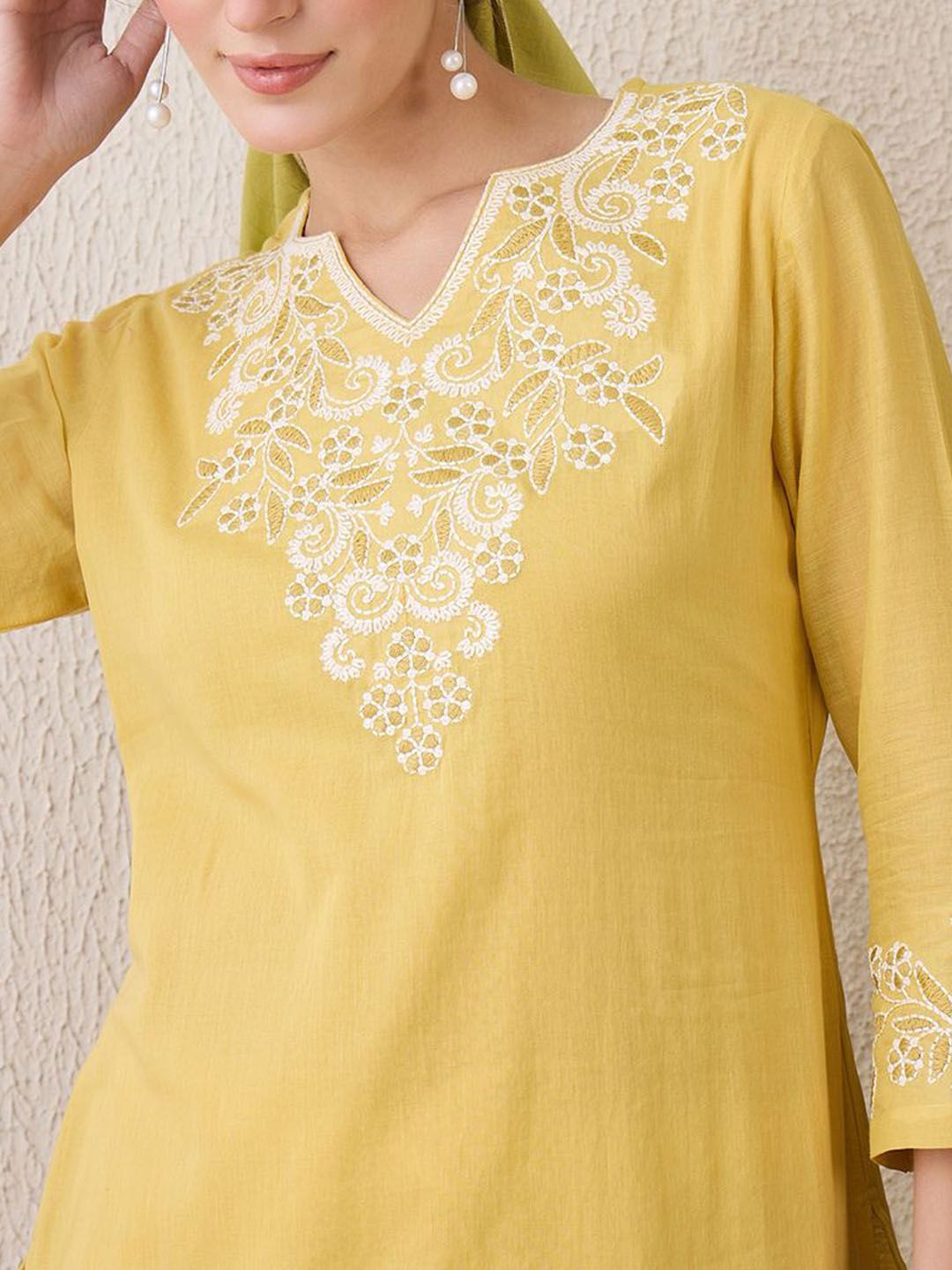 Floral Embroidered Notch Neck Pure Cotton Straight Kurta With Trousers