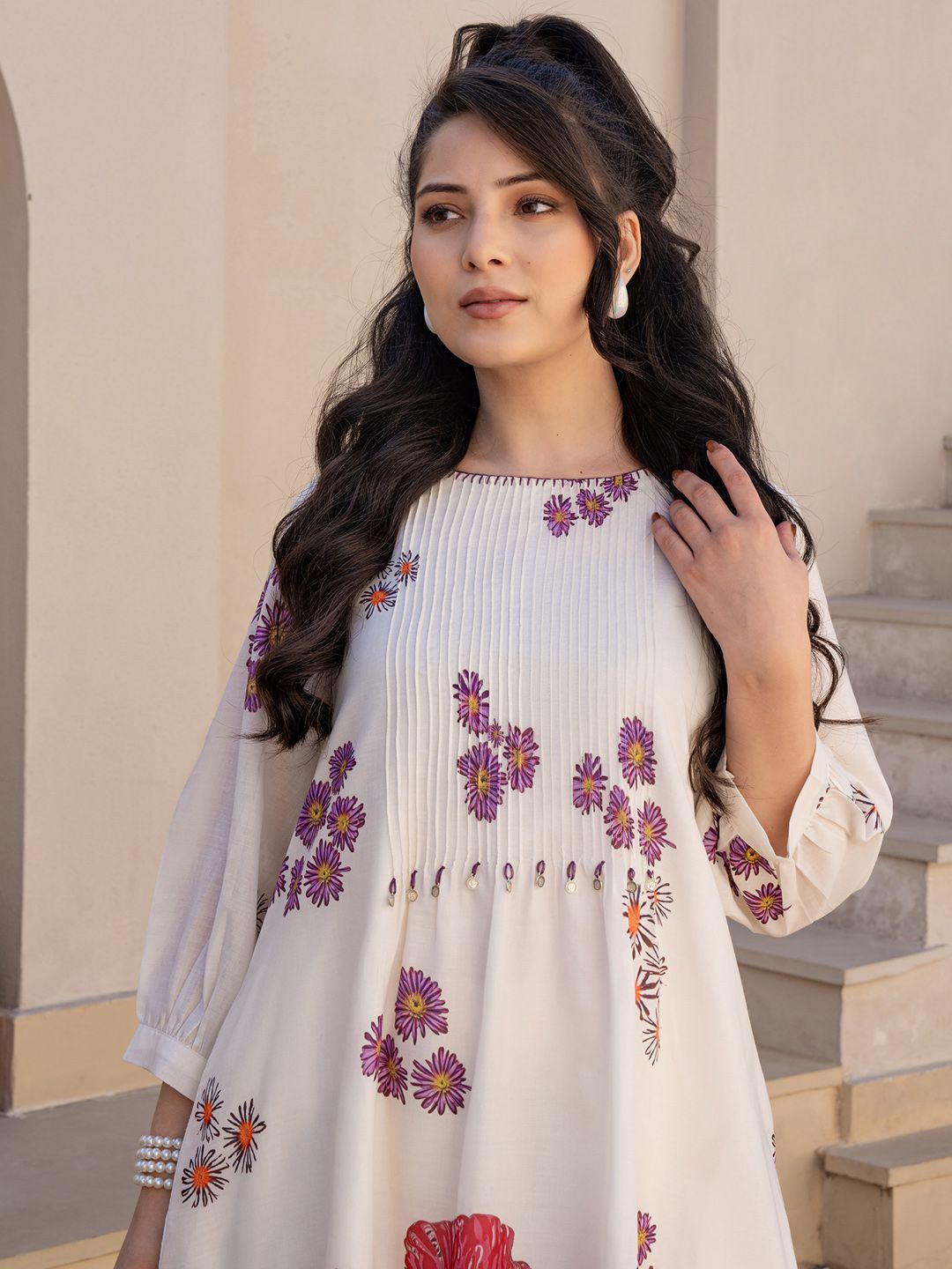 Dhiyona IE Floral Printed A-Line Sequinned Pure Cotton Kurta With Trousers