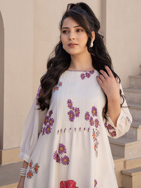 Dhiyona IE Floral Printed A-Line Sequinned Pure Cotton Kurta With Trousers