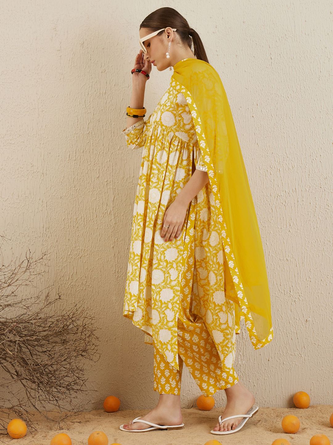 Dhiyona IE Floral Printed Mirror Work Pure Cotton A-Line Kurta with Trousers & Dupatta