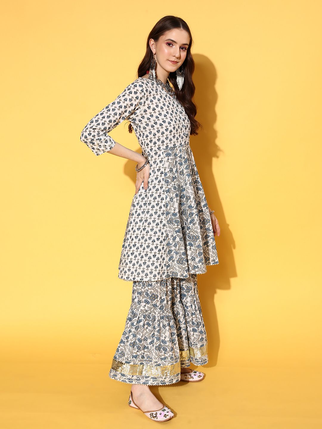 Dhiyona VA Women's Floral Printed Empire Pure Cotton Kurta with Sharara & With Dupatta