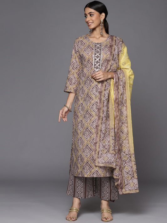 Dhiyona VA Women's Brown Bandhani Printed Gotta Patti Pure Cotton Kurta with Palazzos & With Dupatta