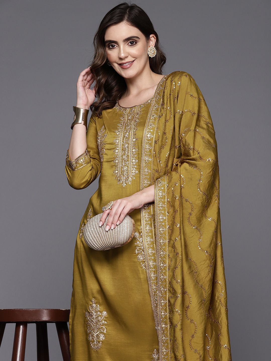Dhiyona IE Women Ethnic Motifs Embroidered Regular Sequinned Kurta with Trousers & Dupatta
