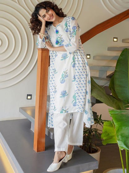 Dhiyona IE Floral Printed Tie-Up Neck Panelled A-Line Pure Cotton Kurta With Trousers