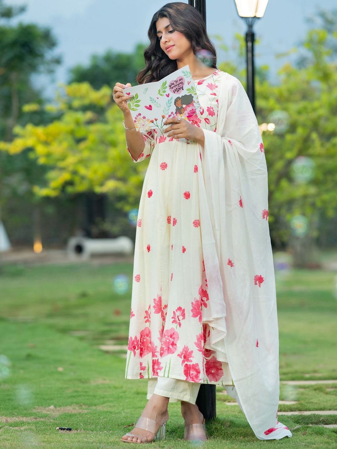 Floral Printed Pure Cotton Anarkali Kurta With Trousers & Dupatta