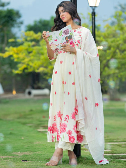 Floral Printed Pure Cotton Anarkali Kurta With Trousers & Dupatta