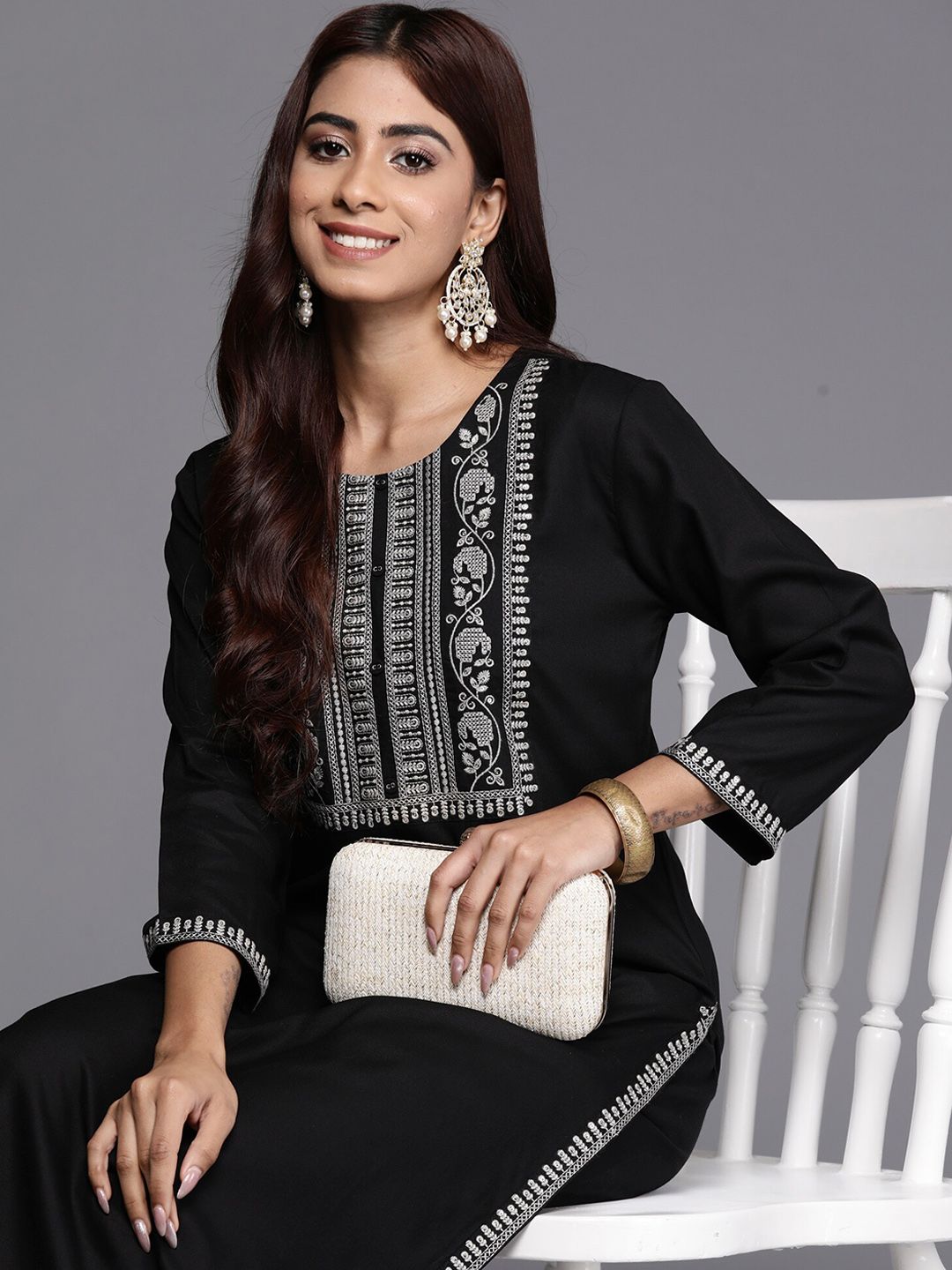 Dhiyona IE Round Neck Yoke Design Flared Sleeves Rayon Straight Kurta
