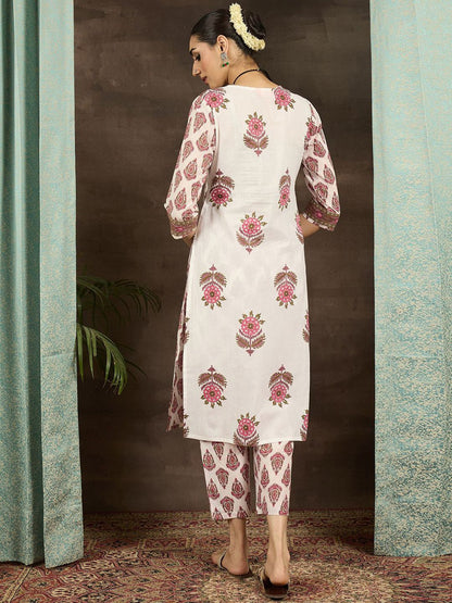 Ethnic Motifs Printed Regular Pure Cotton V-Neck Straight Kurta with Trousers