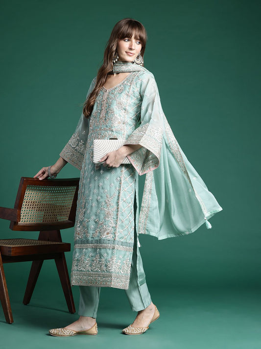Ethnic Motifs Embroidered Regular Mirror Work Kurta with Trousers & Dupatta