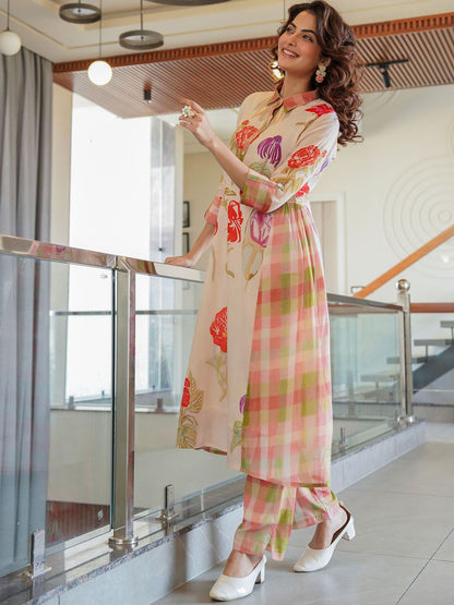 Dhiyona IE Printed Pure Cotton A-Line Tunic & Trousers Co-Ord Set