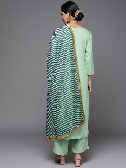 Dhiyona VA Women's Green Solid Gotta Patti Detail Empire Kurta with Palazzos & With Dupatta