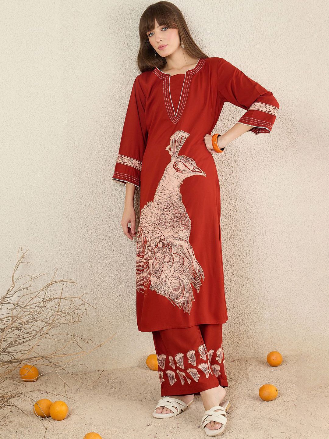 Women Ethnic Motifs Printed Regular Thread Work Kurta with Palazzos