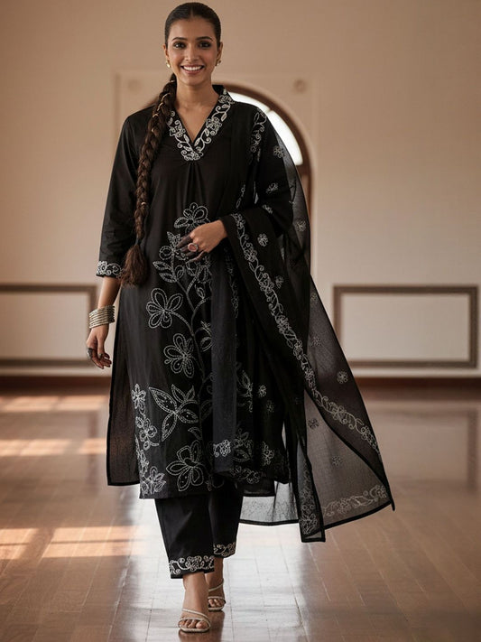 Floral Embroidered A-Line Chikankari Pure Cotton Kurta With Trousers & Dupatta