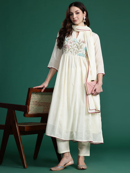 Dhiyona IE Floral Embroidered Empire Thread Work Pure Cotton Kurta with Trousers & Dupatta