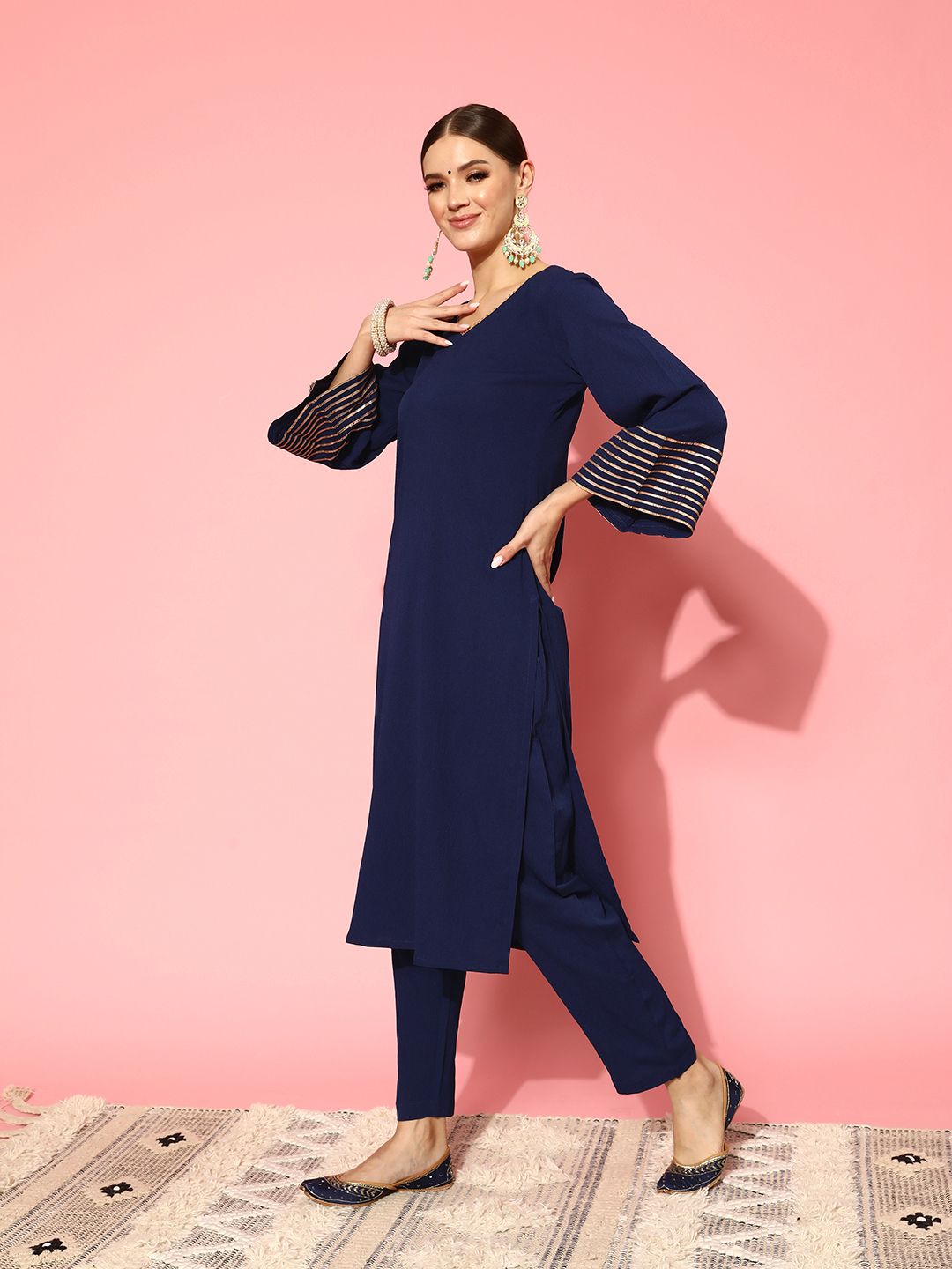 Dhiyona VA Women's Navy Blue Regular Gotta Patti Silk Crepe Kurta with Trousers & With Dupatta
