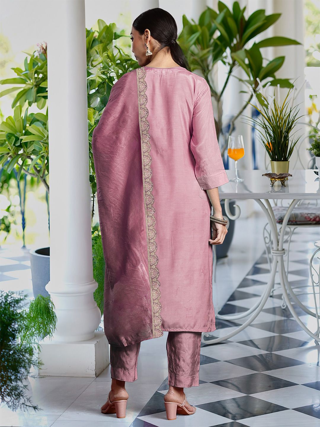 Ethnic Motifs Embroidered V Neck Straight Kurta With Trousers & Dupatta