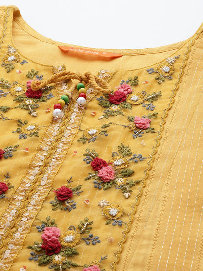 Floral Embroidered Regular Thread Work Pure Cotton Kurta With Trousers & Dupatta