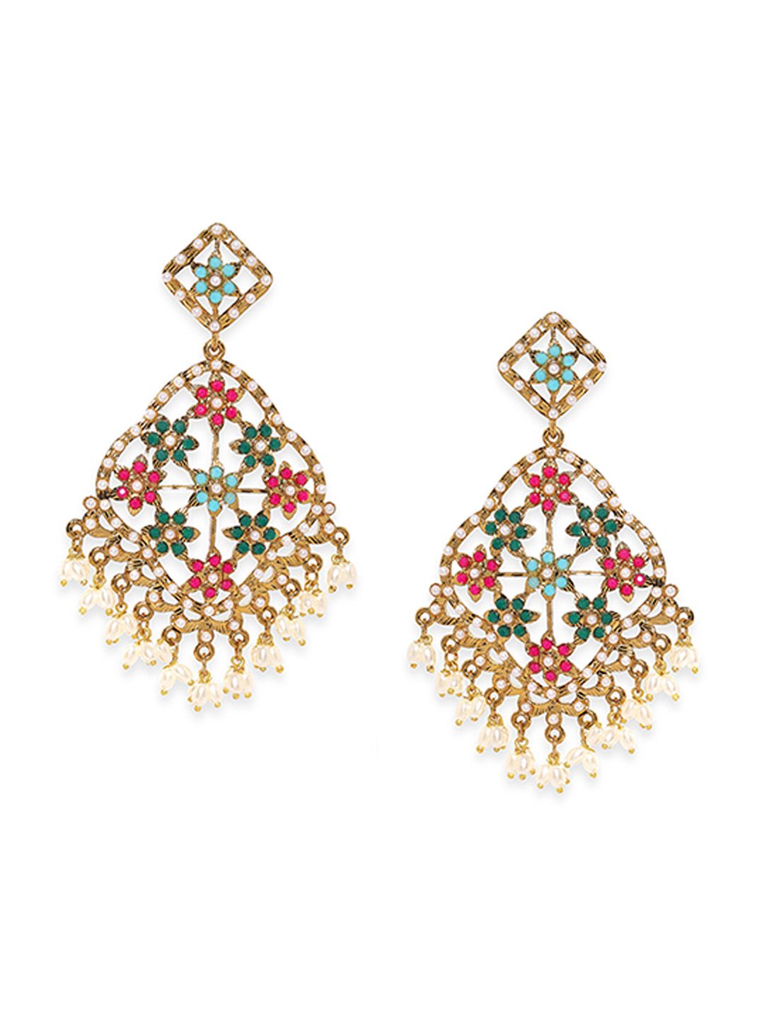 Dhiyona RJ Women's 22K Antique Gold Plated Multi Color Stone Studded Long Chandbalis