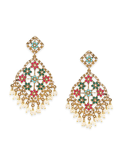 Dhiyona RJ Women's 22K Antique Gold Plated Multi Color Stone Studded Long Chandbalis