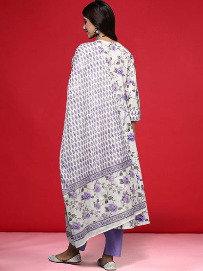 Dhiyona IE Floral Printed Thread Work Pure Cotton Kurta with Trouser & Dupatta