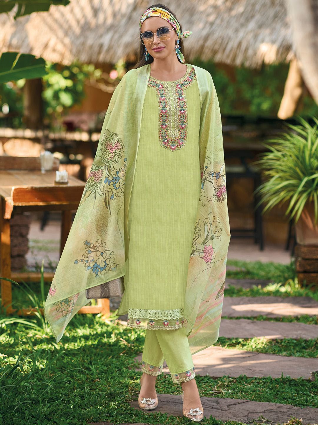 Floral Embroidered Pure Cotton Straight Kurta With Trousers & Dupatta