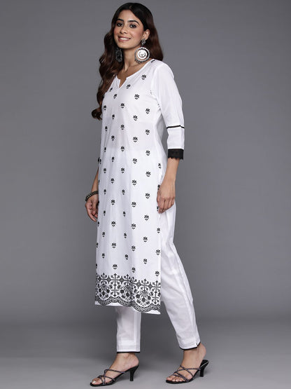 Dhiyona VA Women'sFloral Embroidered Thread Work Pure Cotton Kurta with Trousers & Dupatta