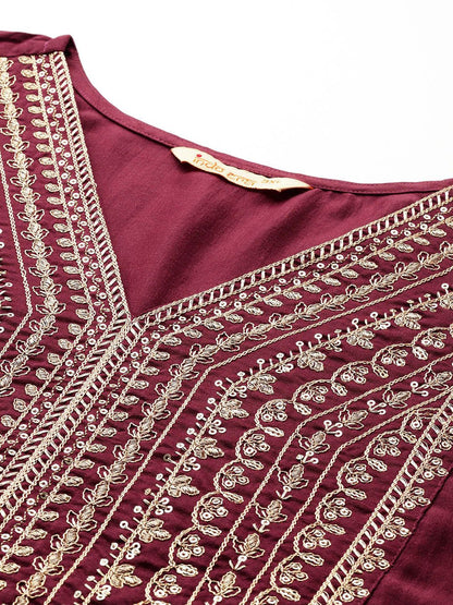 Dhiyona IE Plus Size Ethnic Motifs Embroidered Sequinned Kurta With Trousers & Dupatta