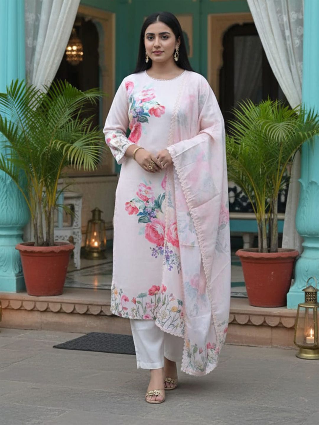 Floral Printed Linen Straight Kurta With Trousers & Dupatta