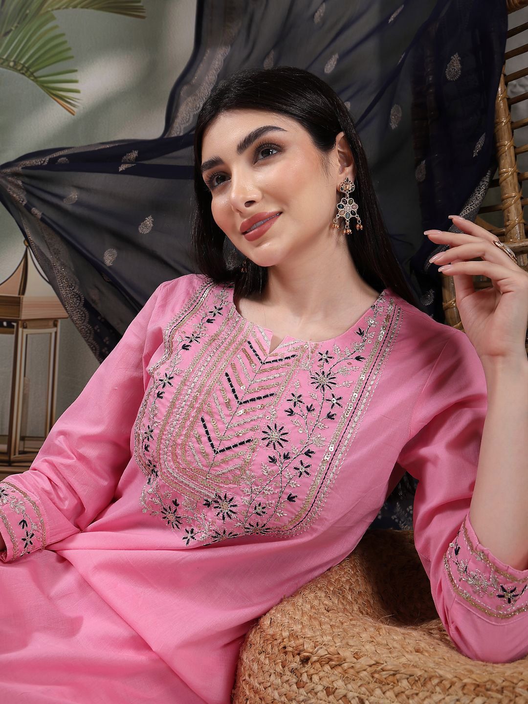 Dhiyona SN Women's Embroidered Pure Cotton Straight Kurta With Trousers & Dupatta