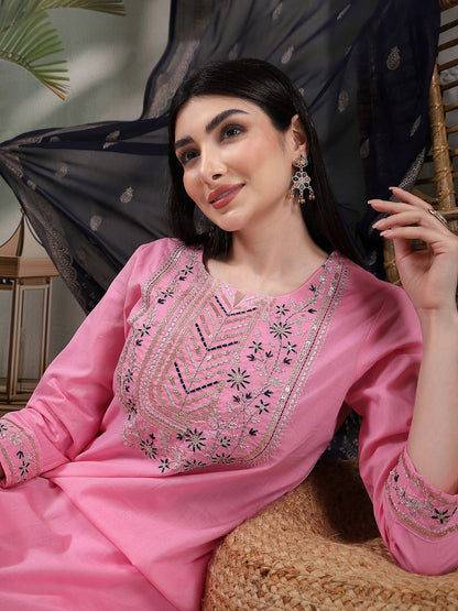 Dhiyona SN Women's Embroidered Pure Cotton Straight Kurta With Trousers & Dupatta