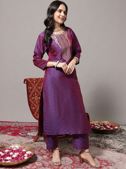 Dhiyona VA Women's Ethnic Motifs Woven Design Regular Zari Work Kurta With Trousers & Dupatta