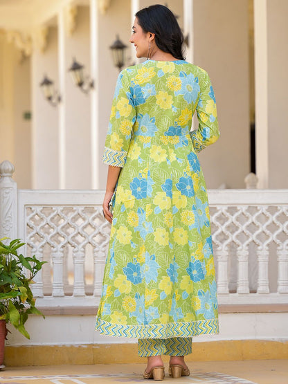 Dhiyona IS Women's Floral Printed Panelled Beads and Stones Anarkali Kurta With Trousers & Dupatta