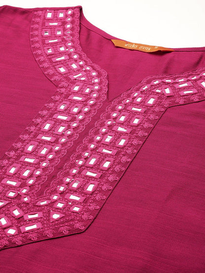 Yoke Design Mirror Work Kurta With Trousers & Dupatta