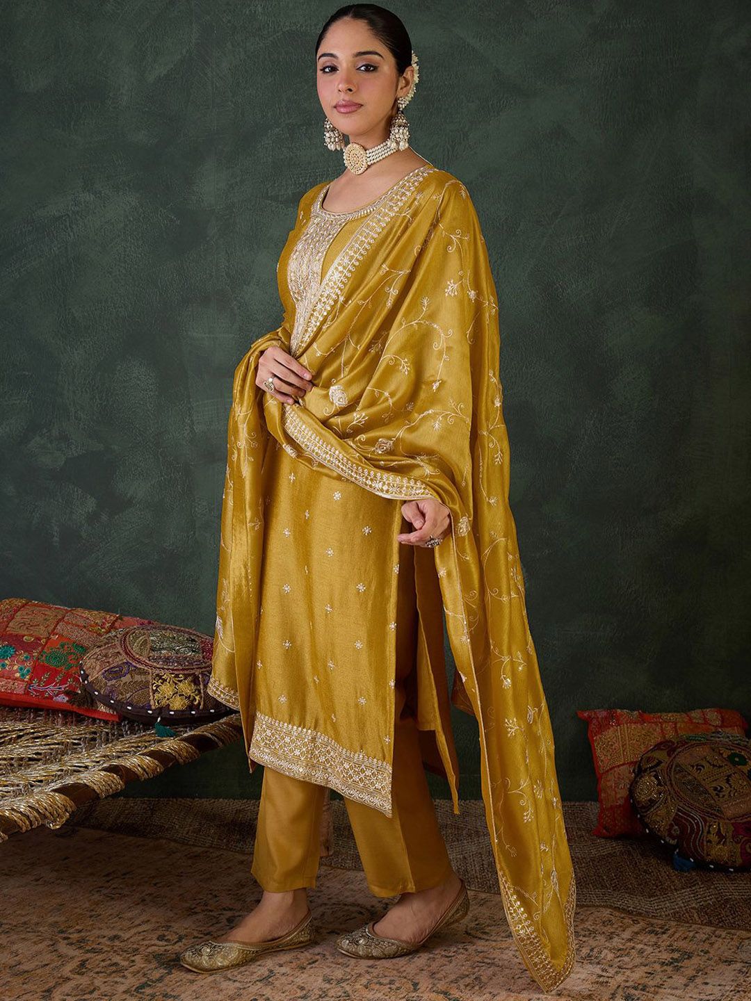 Women Embroidered Regular Sequinned Kurta with Trousers & Dupatta