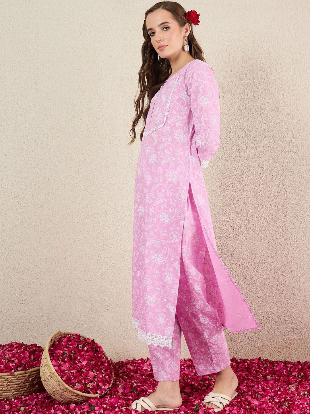 Dhiyona IE Women Floral Printed Cotton Kurta with Trousers