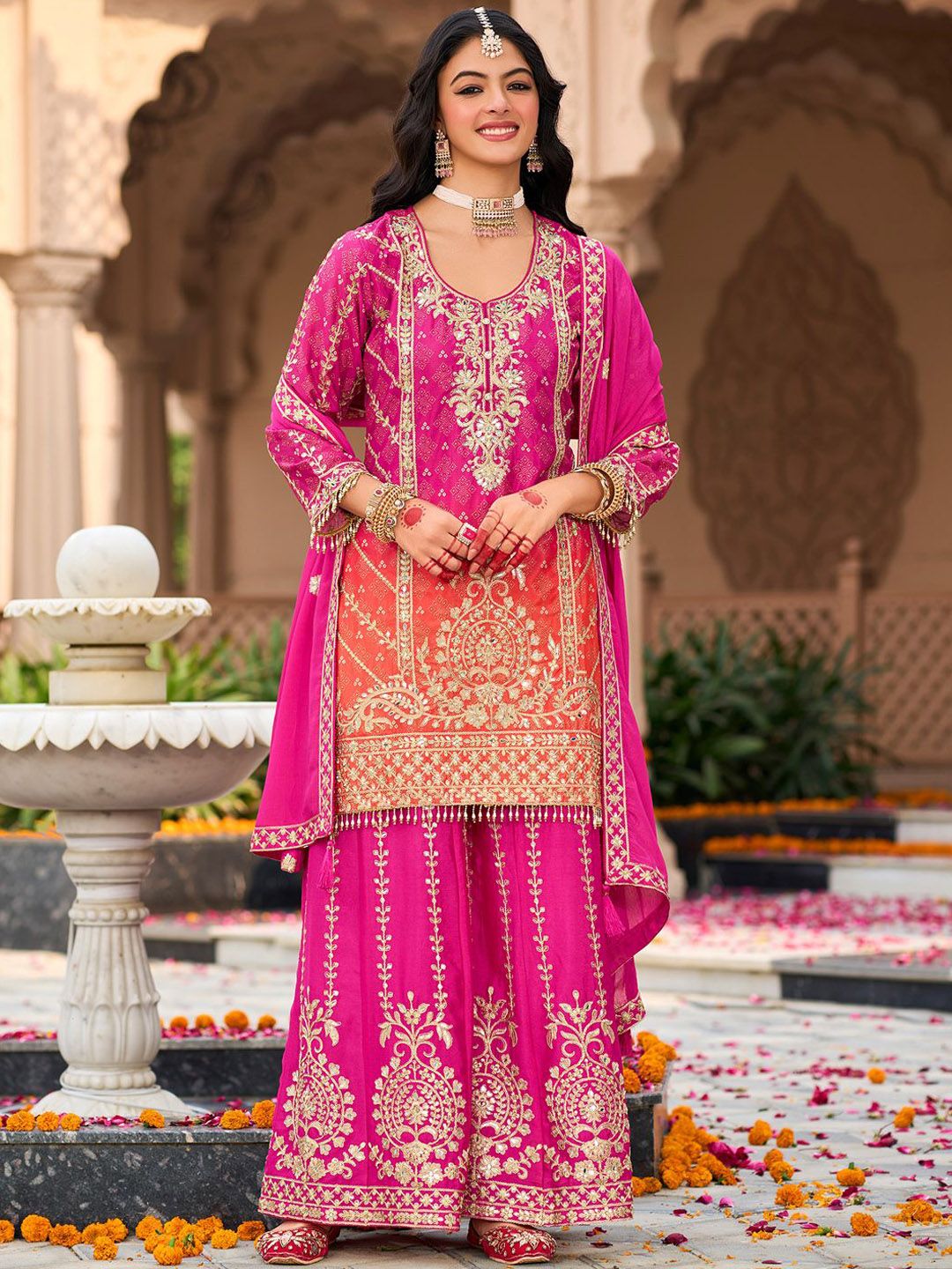 Floral Embroidered Zari Straight Kurti With Palazzos And Dupatta