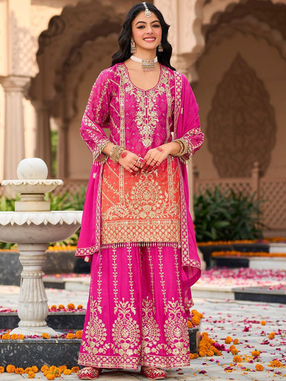 Floral Embroidered Zari Straight Kurti With Palazzos And Dupatta